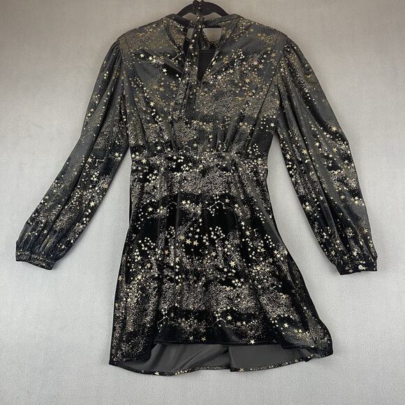 All Saints Jemima Star Dress Black Velvet Metallic Gold Printed Faux Wrap Size 4 - Picture 10 of 16